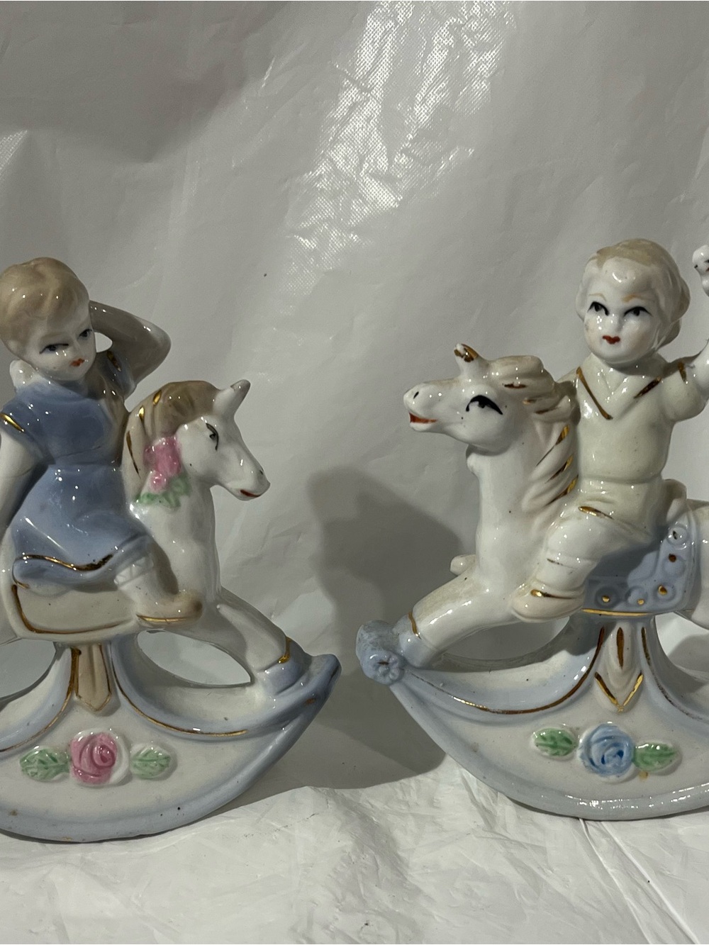 Vintage Porcelain Rocking Horse Figurines white and Light Blue